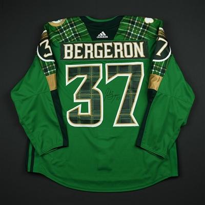 Patrice Bergeron - Boston Bruins - St. Patricks Day-Themed Warmup-Issued Autographed Jersey - March 6, 2018