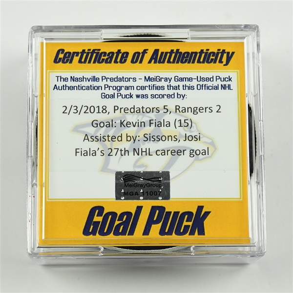 Kevin Fiala - Nashville Predators - Goal Puck - February 3, 2018 vs. New York Rangers (Predators Logo)