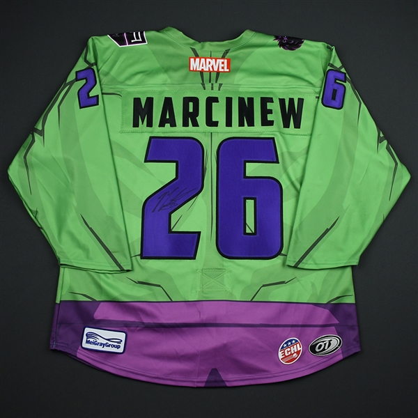 Matt Marcinew - Manchester Monarchs - 2017-18 MARVEL Super Hero Night - Game-Worn Autographed Jersey