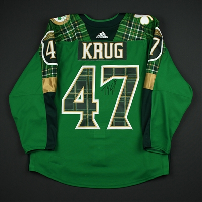 Torey Krug - Boston Bruins - St. Patricks Day-Themed Warmup-Worn Autographed Jersey - March 6, 2018