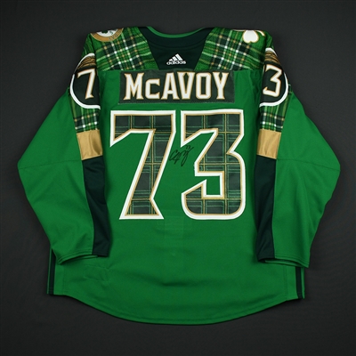 Charlie McAvoy - Boston Bruins - St. Patricks Day-Themed Warmup-Issued Autographed Jersey - March 6, 2018