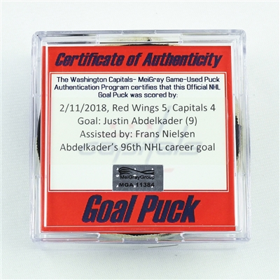 Justin Abdelkader - Detroit Red Wings - Goal Puck - February 11, 2018 vs. Washington Capitals (Capitals Logo)