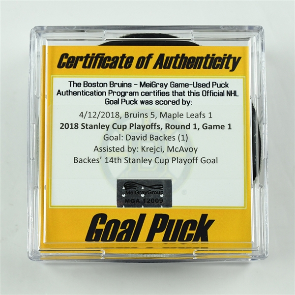David Backes - Boston Bruins - Goal Puck - April 12, 2018 vs. Tor. Maple Leafs (Bruins Logo) - 2018 Stanley Cup Playoffs - Round 1 Game 1