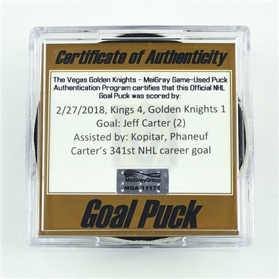 Jeff Carter - Los Angeles Kings - Goal Puck - February 27, 2018 vs. Vegas Golden Knights (Golden Knights Logo)
