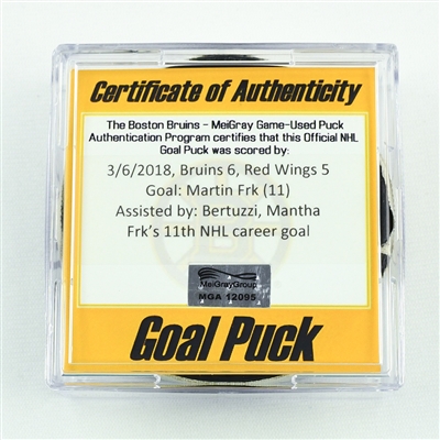 Martin Frk - Detroit Red Wings - Goal Puck - March 6, 2018 vs. Boston Bruins (Bruins Logo)
