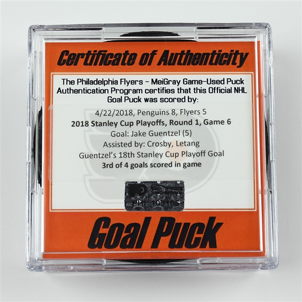 Jake Guentzel - Pittsburgh Penguins - Goal Puck (3rd of 4 Goals) - April 22, 2018 vs. Phi. Flyers (Flyers Logo) - 2018 Stanley Cup Playoffs - Round 1 Game 6