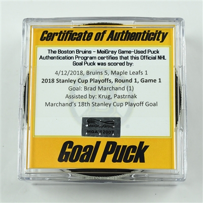 Brad Marchand - Boston Bruins - Goal Puck - April 12, 2018 vs. Tor. Maple Leafs (Bruins Logo) - 2018 Stanley Cup Playoffs - Round 1 Game 1