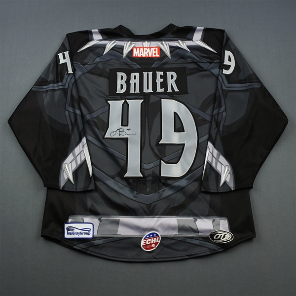 Lane Bauer - Wichita Thunder - 2018-19 MARVEL Super Hero Night - Game-Worn Autographed Jersey, and Socks