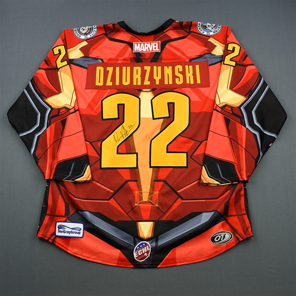David Dziurzynski - Kansas City Mavericks - 2018-19 MARVEL Super Hero Night - Game-Worn Autographed Jersey, and Socks