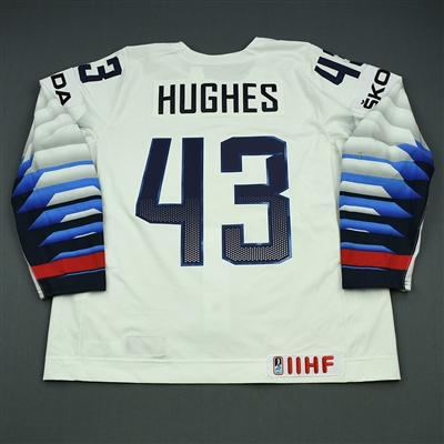 Quinn Hughes - 2018 U.S. IIHF World Championship - Game-Worn White Jersey