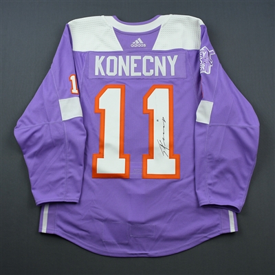Travis Konecny - Philadelphia Flyers - 2018 Hockey Fights Cancer - Warmup-Worn Autographed Jersey
