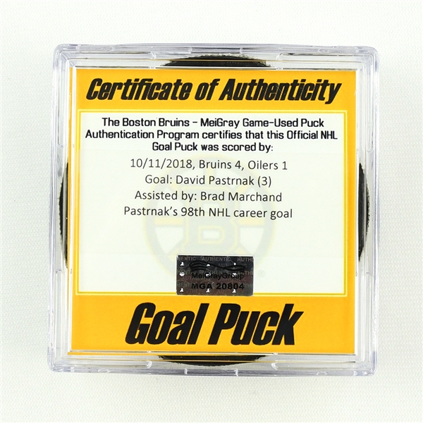 David Pastrnak - Boston Bruins - Goal Puck - October 11, 2018 vs. Edmonton Oilers (Bruins Logo)