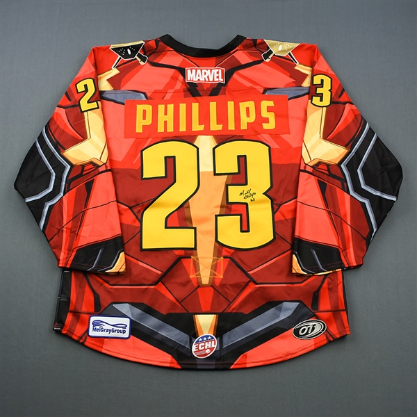 Michael Phillips - Wheeling Nailers - 2018-19 MARVEL Super Hero Night - Game-Worn Autographed Jersey, and Socks
