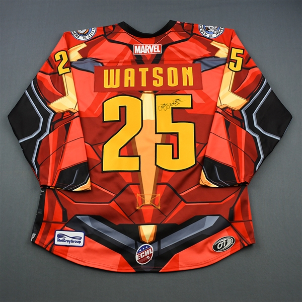 Cliff Watson - Kansas City Mavericks - 2018-19 MARVEL Super Hero Night - Game-Worn Autographed Jersey, and Socks