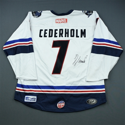 Jacob Cederholm - Jacksonville Icemen - 2018-19 MARVEL Super Hero Night - Game-Worn Autographed Jersey, and Socks