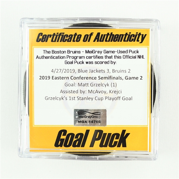 Matt Grzelcyk - Bruins - Goal Puck - April 27, 2019 vs. Blue Jackets (Bruins Logo) - 2019 Stanley Cup Playoffs - Round 2, Game 2