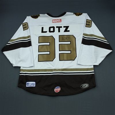 Austin Lotz - Reading Royals - 2018-19 MARVEL Super Hero Night - Game-Worn (Back-Up Only) Autographed Jersey, and Socks