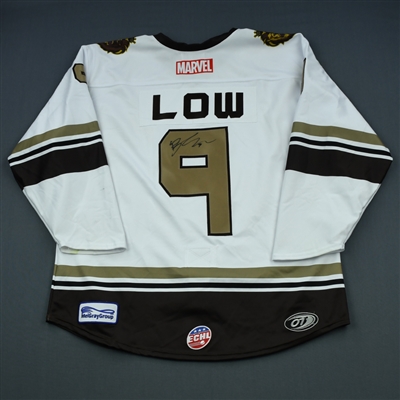Brayden Low - Reading Royals - 2018-19 MARVEL Super Hero Night - Game-Worn Autographed Jersey, and Socks