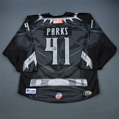 Tyler Parks - Rapid City Rush - 2018-19 MARVEL Super Hero Night - Game-Worn Back-Up Only Autographed Jersey, and Socks
