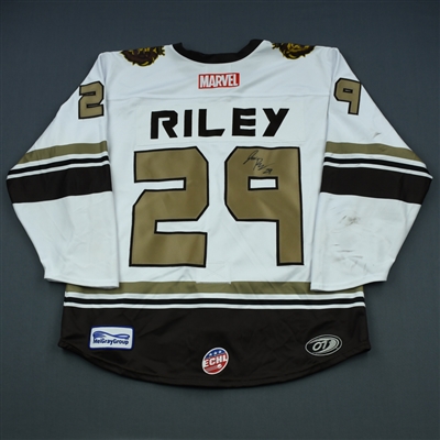Jack Riley - Reading Royals - 2018-19 MARVEL Super Hero Night - Game-Worn Autographed Jersey, and Socks