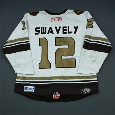 Steven Swavely - Reading Royals - 2018-19 MARVEL Super Hero Night - Game-Worn Autographed Jersey, and Socks
