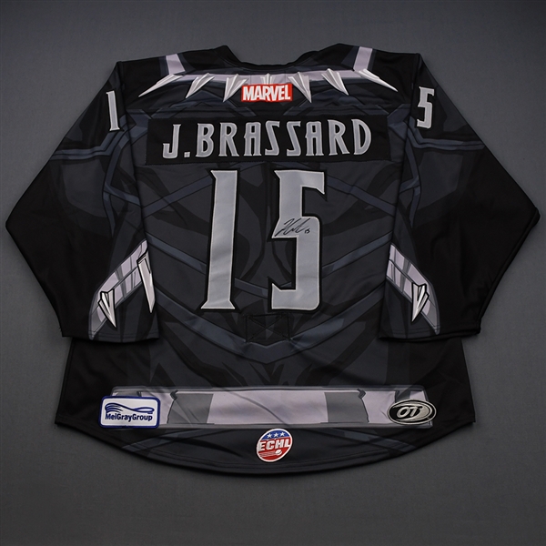 J.C. Brassard - Black Panther - 2018-19 MARVEL Super Hero Night - Game-Worn Autographed Jersey and Socks