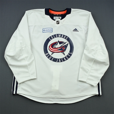 Dean Kukan - 18-19 - Columbus Blue Jackets - White Practice Jersey w/ OhioHealth Patch