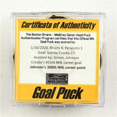 Sidney Crosby - Penguins - Goal Puck - Jan. 16, 2020 vs. Bruins (Bruins Logo) - Jack Johnsons 300th NHL Career Point