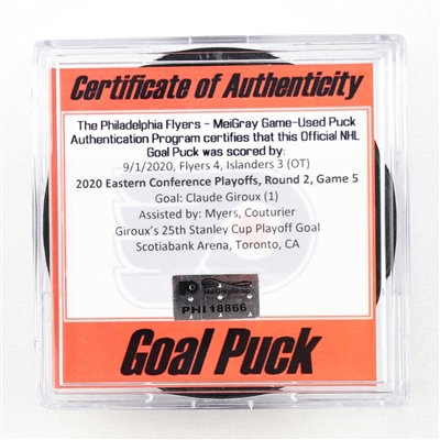 Claude Giroux - Flyers - Goal Puck - Sept. 1, 2020 vs. Islanders (Flyers Logo) - 2020 Stanley Cup Playoffs - Round 2, Game 5