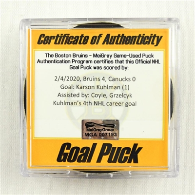 Karson Kuhlman - Bruins - Goal Puck - Feb. 4, 2020 vs. Vancouver Canucks (Bruins Logo)