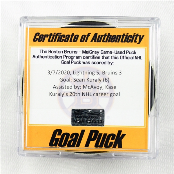 Sean Kuraly - Boston Bruins - Goal Puck - March 7, 2020 vs. Tampa Bay Lightning (Bruins Logo)