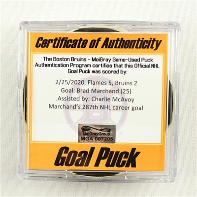 Brad Marchand - Bruins - Goal Puck - Feb. 25, 2020 vs. Calgary Flames (Bruins Logo)