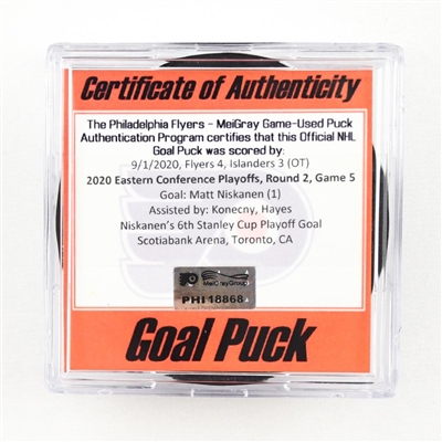 Matt Niskanen - Flyers - Goal Puck - Sept. 1, 2020 vs. Islanders (Flyers Logo) - 2020 Stanley Cup Playoffs - Round 2, Game 5