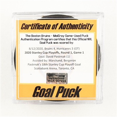 David Pastrnak - Bruins - Goal Puck - Aug. 12, 2020 vs. Hurricanes (Bruins Logo) - 2020 Stanley Cup Playoffs - Round 1, Game 1