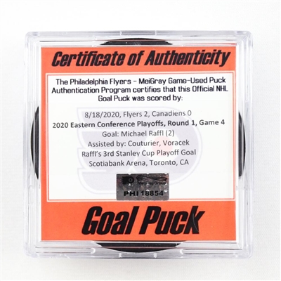 Michael Raffl - Flyers - Goal Puck - Aug. 18, 2020 vs. Canadiens (Canadiens Logo) - 2020 Stanley Cup Playoffs - Round 1, Game 4