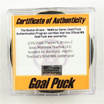 Matthew Tkachuk - Calgary Flames - Goal Puck - Feb. 25, 2020 vs. Bruins (Bruins Logo)