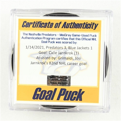 Calle Jarnkrok - Nashville Predators - Goal Puck - (Rare TRACKING PUCK) January 14, 2021 vs. Columbus Blue Jackets (NHL Logo)