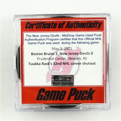 New Jersey Devils - Game Puck - May 3, 2021 vs. Boston Bruins (Devils Logo) - Tuukka Rasks 52nd NHL Career Shutout