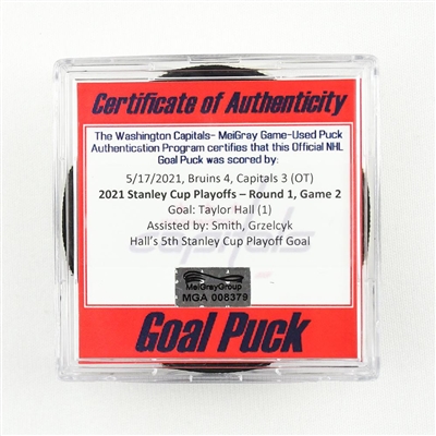 Taylor Hall - Bruins - Goal Puck - May 17, 2021 vs. Capitals (Capitals Logo) - 2021 Stanley Cup Playoffs - Round 1, Game 2