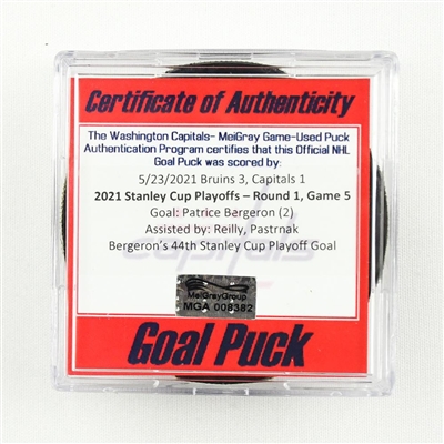Patrice Bergeron - Bruins - Goal Puck - May 23, 2021 vs. Capitals (Capitals Logo) - 2021 Stanley Cup Playoffs - Round 1, Game 5