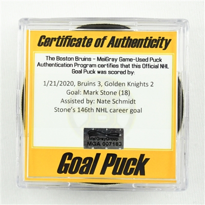 Mark Stone - Golden Knights - Goal Puck - January 21, 2020 vs. Boston Bruins (Bruins Logo)