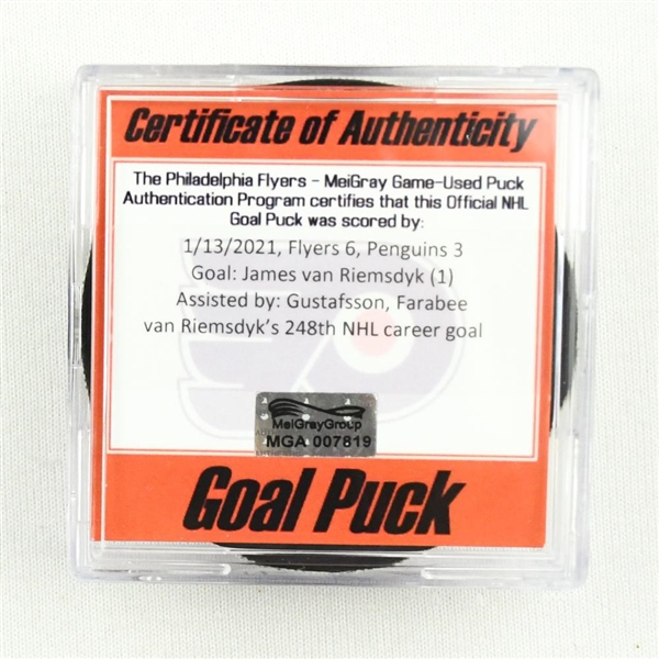 James van Riemsdyk - Philadelphia Flyers - Goal Puck - (Rare TRACKING PUCK) January 13, 2021 vs. Pittsburgh Penguins (NHL Logo)