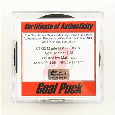 Mitchell Marner - Toronto Maple Leafs - Goal Puck - February 1, 2022 vs. New Jersey Devils (Devils Logo)