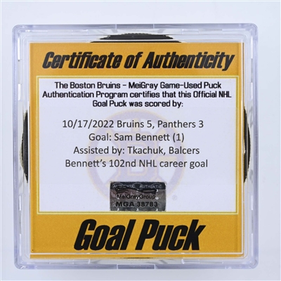 Sam Bennett - Florida Panthers - Goal Puck - October 17, 2022 vs. Boston Bruins (Bruins Logo) 