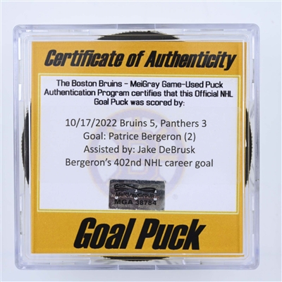 Patrice Bergeron - Boston Bruins - Goal Puck - October 17, 2022 vs. Florida Panthers (Bruins Logo) 