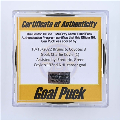 Charlie Coyle - Boston Bruins - Goal Puck - October 15, 2022 vs. Arizona Coyotes (Bruins Logo) 