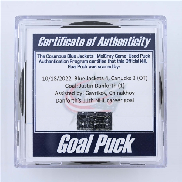 Justin Danforth - Columbus Blue Jackets - Goal Puck - October 18, 2022 vs. Vancouver Canucks  (Blue Jackets Logo) 