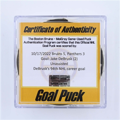 Jake DeBrusk - Boston Bruins - Goal Puck - October 17, 2022 vs. Florida Panthers (Bruins Logo) 