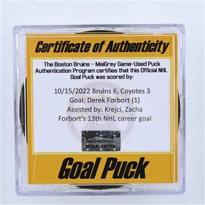 Derek Forbort - Boston Bruins - Goal Puck - October 15, 2022 vs. Arizona Coyotes (Bruins Logo) 