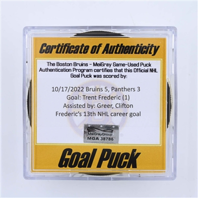 Trent Frederic - Boston Bruins - Goal Puck - October 17, 2022 vs. Florida Panthers (Bruins Logo) 